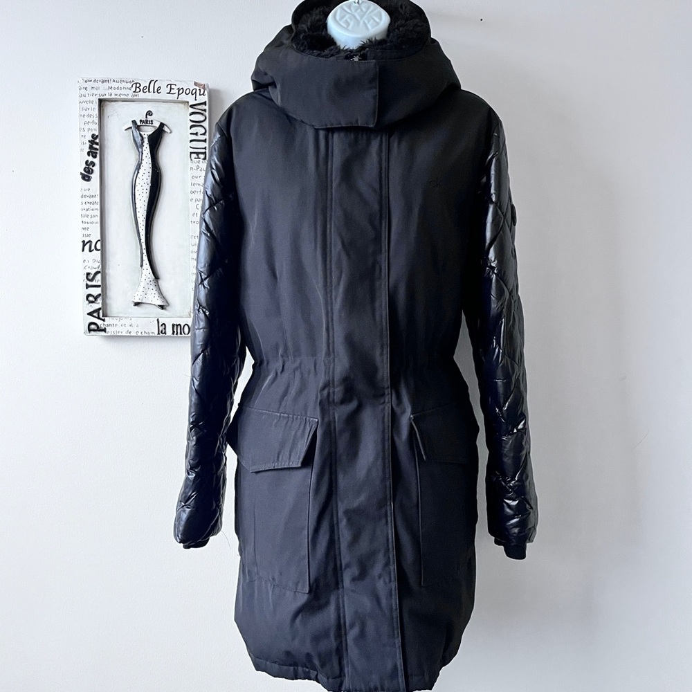 Calvin Klein Women's Black Hooded Polyfill Anorak Quilted Parka Coat Size L